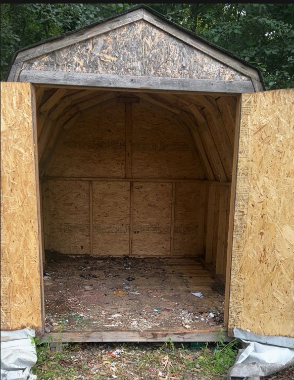 Same shed after cleanout, completely empty down to the wood floor